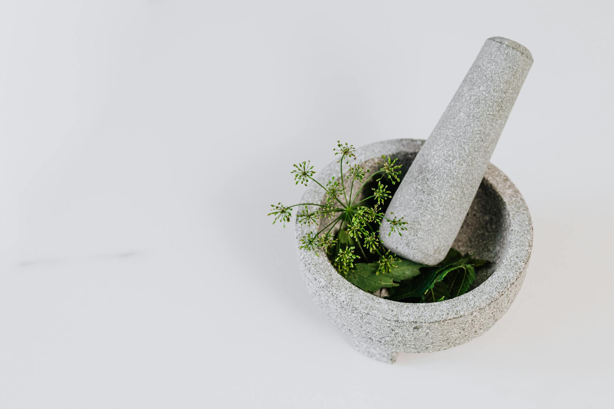 A stone mortar and pestle with fresh green herbs against a white background, perfect for culinary uses.